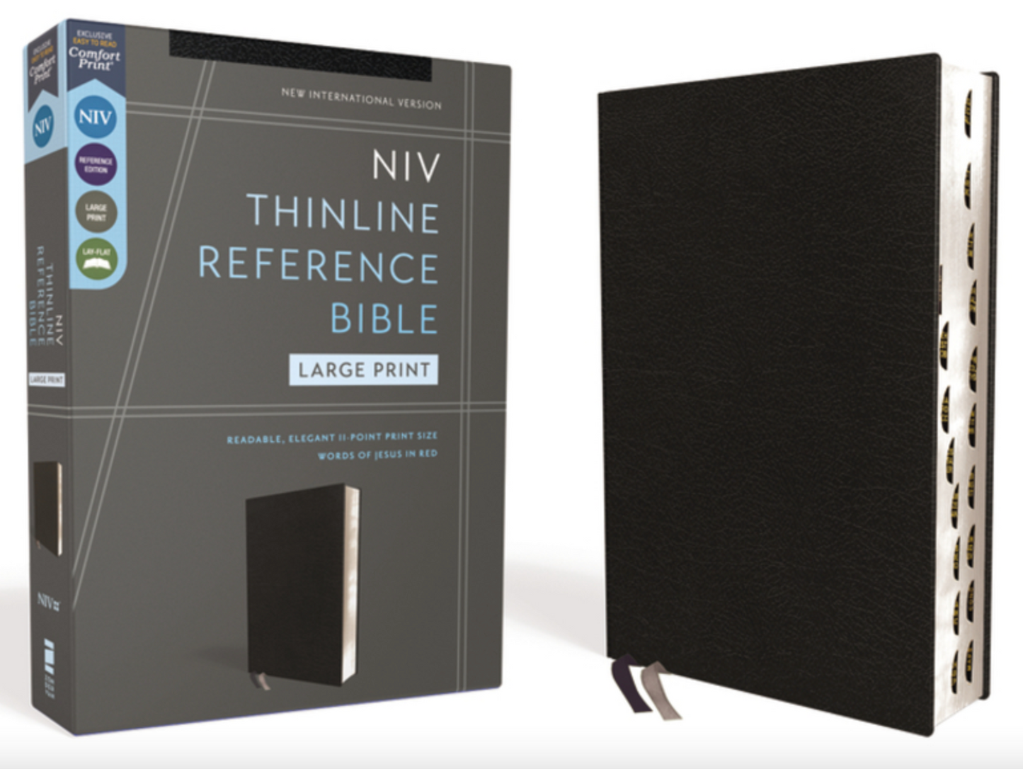 NIV, Thinline Reference Bible (Deep Study at a Portable Size), Large Print, Bonded Leather, Black, Red Letter, Thumb Indexed, Comfort Print