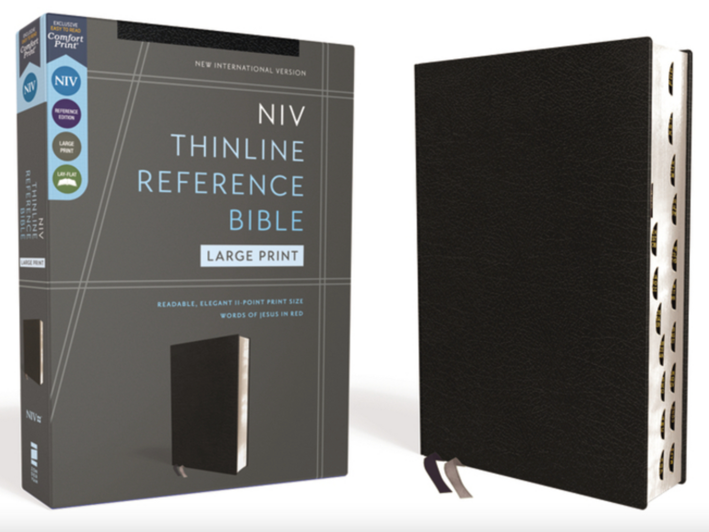 Niv, Thinline Reference Bible (Deep Study at a Portable Size), Large Print, Bonded Leather, Black, Red Letter, Thumb Indexed, Comfort Print